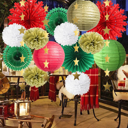 Red Green and Gold Christmas Decorations Snowflake Paper Fans Decorations Hanging Paper Lanterns Tissue Paper Pom Poms Kit with Star Garland Gold for Chritmas Party