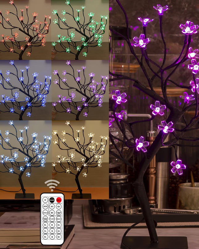 20 Inch Cherry Blossom Bonsai Tree, Full-Color DIY Dimming and Mixing, with 24V UL-Listed Adapter and Metal Base, Ideal as Night Lights, RGB Color Changing Lights