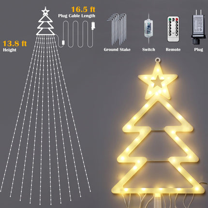 420 LED Outdoor Christmas Decorations Star String Lights Waterproof String Lights with Christmas Tree Topper, 8 Lighting Modes Waterfall Lights for Tree Patio Garden Yard Party (Warm White)