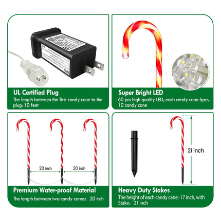 WeGuard 10PK Christmas Candy Cane Pathway Lights Outdoor Decorations 21" 8 Lighting Modes Flashing Waterproof Outdoor Lighted Christmas Decor for Garden Yard (Red)