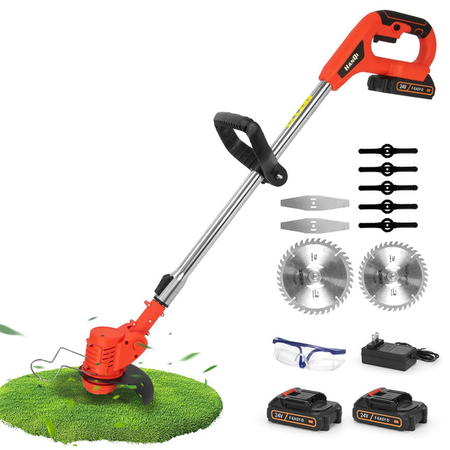 Electric Cordless Weed Wacker,24V 2Ah Battery Powered Weed Eater with 2 Batteries and 3 Types Blades,Lightweight and Powerful String Trimmer for Yard and Garden(Red)