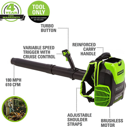 Greenworks Pro 80V (180 MPH / 610 CFM) Brushless Cordless Backpack Leaf Blower, Tool Only BPB80L00 & Greenworks PRO 80V Rapid Charger (Genuine Greenworks Charger)