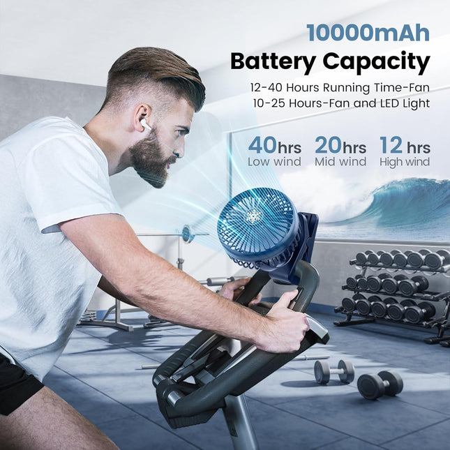 10000Mah Portable Fan Rechargeable, Battery Operated Desk Clip On With Led Light, 3 Modes 360 Rotation Personal Usb Small