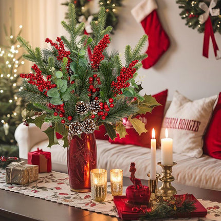 4 Pcs Christmas Artificial Pine Branches 28.3 inch Norfolk Pine Stems Christmas Greenery Picks with Red Berries Pine Needles Picks Spray Christmas Tree Branches for Xmas Vase DIY Craft Holiday Decor