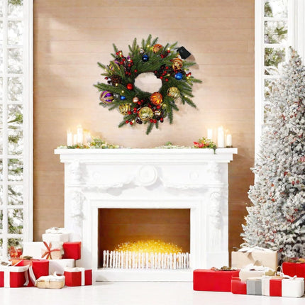 Pre-Lit Christmas Wreath 20 Inches Small Battery Operated Timer Lighted Artificial Pine Berries Xmas Decorations for Christmas Festival Celebration Front Door Wall Window Party Decor