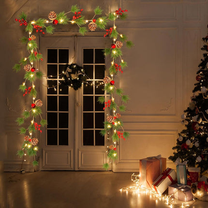 Christmas Garland with Lights, 6.6ft 20 LED Battery Operated Pine Garland with Timer, Lighted Christmas Garland for Mantle Fireplace Stairs Window Table Tree Christmas Kitchen Decor