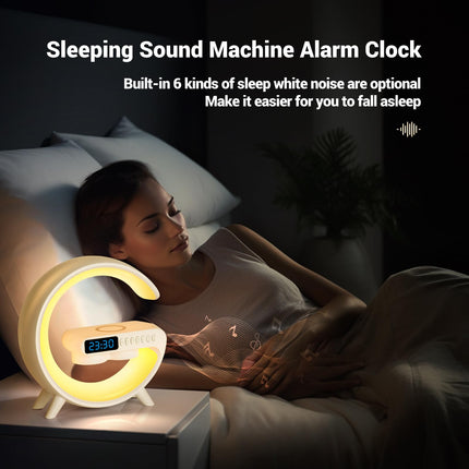 Wireless Charging Atmosphere Table Lamp with Bluetooth Speaker Alarm Clock Night Light 15W Wireless Charger Speaker for Bedside Lamp Desk Clock Sound Machine Ambient Lighting for Christmas