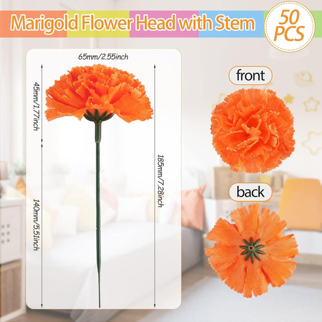 Syhood 50 Pcs Marigold Flower Heads Bulk Mexican Party Decorations Fiesta Supplies Day of The Dead Artificial Flowers with Stems DIY Marigold Garland(Mixed Colors,2.4 Inch)