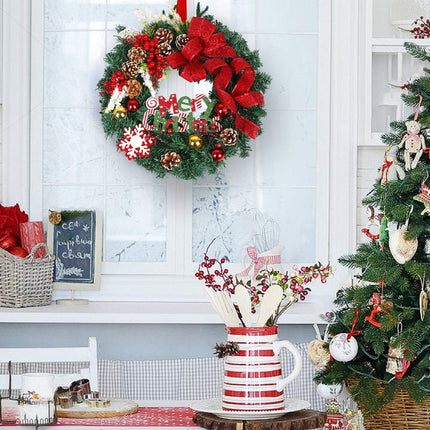 DoreenBow Christmas Wreath Door Wreath 18 Inch Christmas Berry Pine Cone Wreath with Red Bow Winter Christmas Artificial Wreath for Front Door Window Outdoor Home Decor