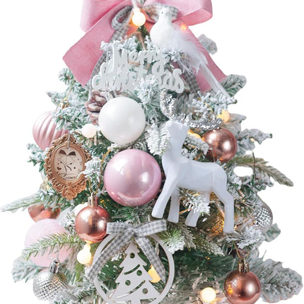 Small Pink Christmas Tree 18Inch Tabletop Mini Christmas Tree Snowy Artificial Xmas Pine Trees with Wooden Base Hanging Ornaments Balls for Holiday Festival Indoor Home DIY Christmas