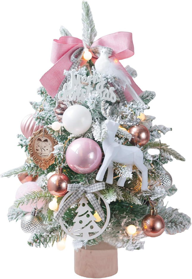 Small Pink Christmas Tree 18Inch Tabletop Mini Christmas Tree Snowy Artificial Xmas Pine Trees with Wooden Base Hanging Ornaments Balls for Holiday Festival Indoor Home DIY Christmas