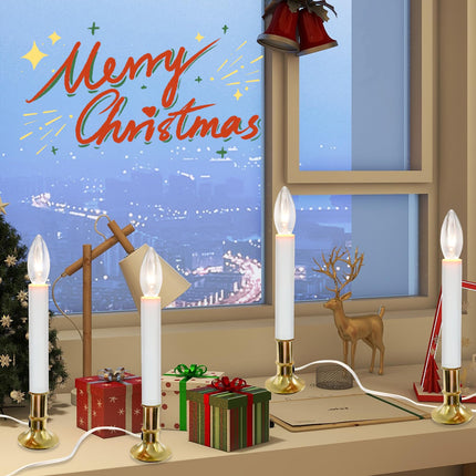 Abeja 4 Pack Christmas Electric Window Candle Lights with Gold Base, Dusk to Dawn Candle Lamps with 7W E12 Base Incandescent Bulbs Plug in Candle Lights for Window Lights Decor Party Xmas Table Top