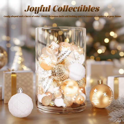 FestiveBliss Christmas Ornaments, 42 Pcs Christmas Decoration Balls or Xmas Tree Ornaments, Shatterproof Plastic Christmas Balls for Holiday Wreath Garland Decor, (Gold & White)