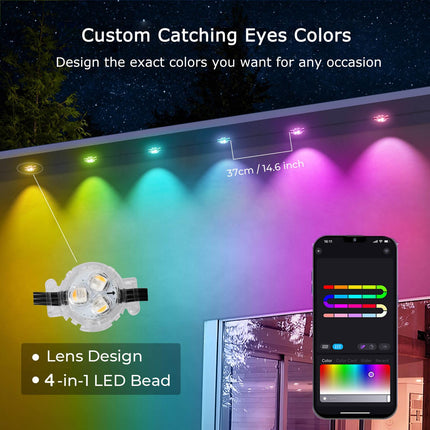Sumaote Permanent Outdoor Lights, 100ft with 72 LEDs Smart RGBW+IC Outdoor Lights, Waterproof LED Eaves Lighting with 65 Themes for Halloween, Christmas and Daily, Work with Alexa/Google Assistant