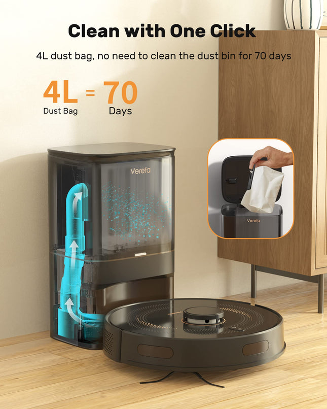 Verefa Robot Vacuum Selfempty, Empties Itself For 70 Days, Lidar Navigation Robot Vacuum Cleaner 3000Pa, Smart Mapping Robotic Vacuum 270Mins Runtime, Wifi Connected, Perfect For Pet Hair, Carpet