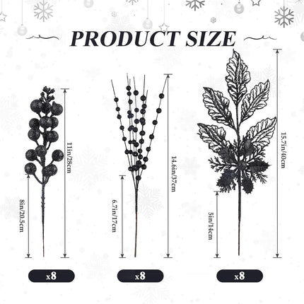 24CT 3 Styles Glitter Artificial Ilex Berry Branch&Holly Leaf Christmas Decorations, Fake Berries Stems Ornaments for Tree/Garland/Wreath, Faux Xmas Decor Indoor&Outdoor, Black