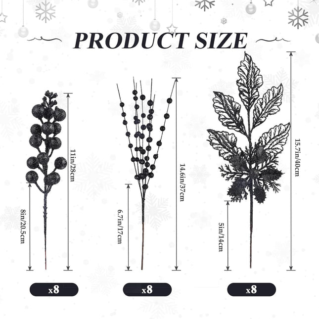 24CT 3 Styles Glitter Artificial Ilex Berry Branch&Holly Leaf Christmas Decorations, Fake Berries Stems Ornaments for Tree/Garland/Wreath, Faux Xmas Decor Indoor&Outdoor, Black