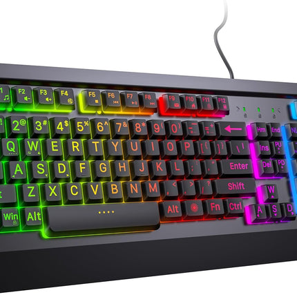 Large Print Rainbow Backlit Gaming Keyboard, Wired USB Light Up Computer Keyboard with Big Letters Keys,12 Multimedia Keys, Wrist Rest, All-Metal Panel,Full Size Keyboard, for PC,Laptop