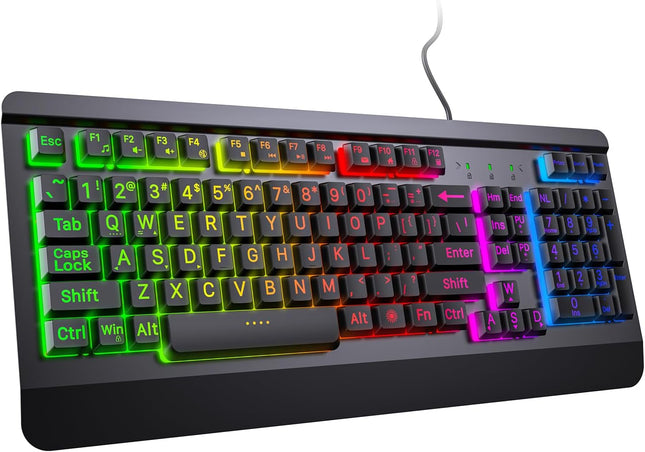 Large Print Rainbow Backlit Gaming Keyboard, Wired USB Light Up Computer Keyboard with Big Letters Keys,12 Multimedia Keys, Wrist Rest, All-Metal Panel,Full Size Keyboard, for PC,Laptop