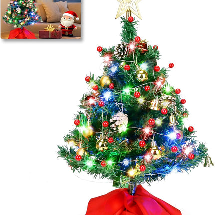 20" Tabletop Mini Christmas Tree, Artificial Small Xmas Tree Decor with 50 LED String Lights,Star, Holly Berries, Ornaments and Wooden Base for Holiday Season Decorations Christmas DIY