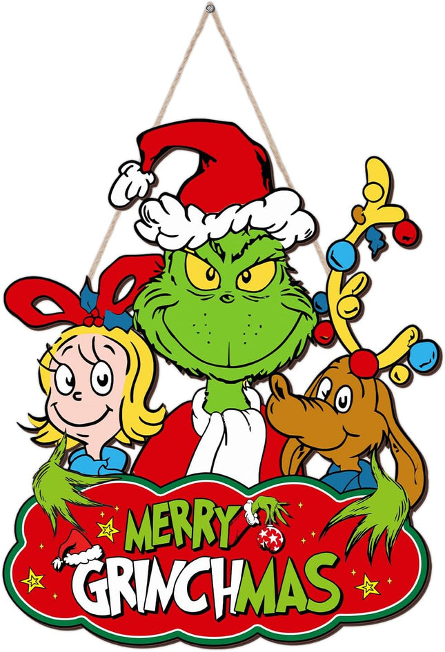 Grinchs Christmas Door Decorations Hanging Sign Christmas Wooden Door Sign Merry Grinch-mas Welcome Funny Xmas Holiday Wreath Sign for Christmas Tree, Door, Wall, Indoor Outdoor Home Party