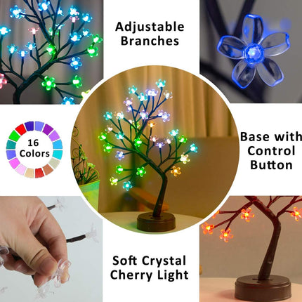 Pooqla RGB Cherry Blossom Tree Light with Remote 16 Color-Changing LED Artificial Flower Bonsai Tree, Pink Table Top Lamp Home Lit Tree Valentine's Day Centerpieces Decoration 36 LED, Brown Branch