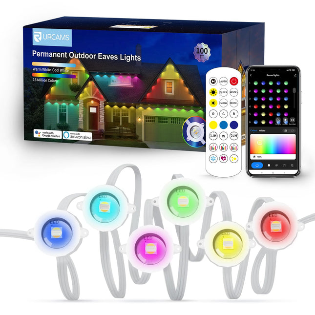 Permanent Outdoor Lights,100ft with 72 RGB+IC+Warm White+Cool White Eaves Lights,IP67 Waterproof Permanent Outdoor Lighting led,for Halloween Christmas, Work with Alexa, Google