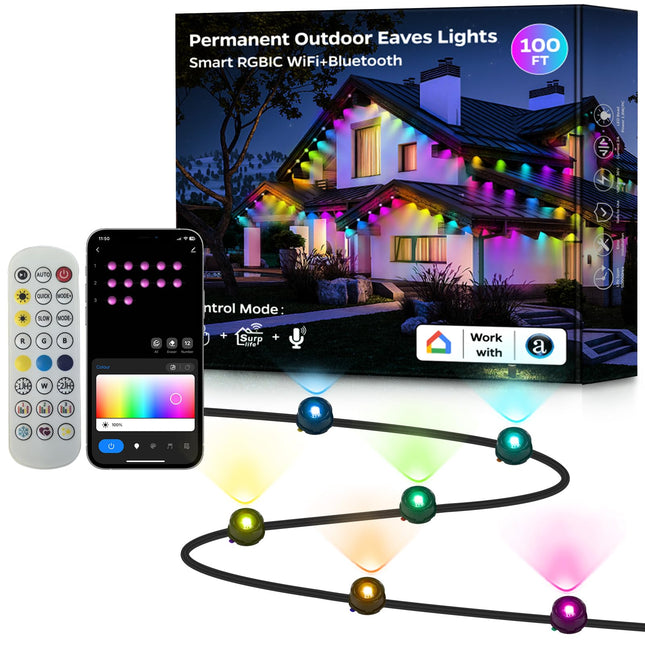 Permanent Outdoor Lights, 100ft with 72 LED Eaves Lights IP67 Waterproof, Smart RGB Outdoor Lights with 54 Scene Modes, Music Sync Work with Alexa Google for Halloween Christmas Decor Party Home Decor