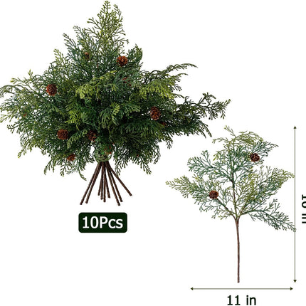10PCS Artificial Pine Needles Branches with Pine Cones Christmas Greenery Stems Christmas Artificial Greenery Floral Arrangements for Garland Wreath