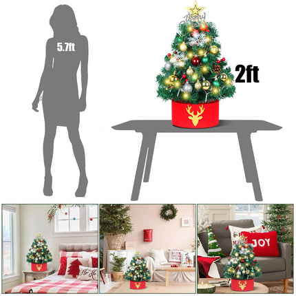 24 Inch/2 ft Small Christmas Tree with Lights LED, Mini Pre-lit Artificial Christmas Tree with Ornaments Topper Collar, Tabletop Battery Operated Xmas Pine Tree for Indoor DIY Decor