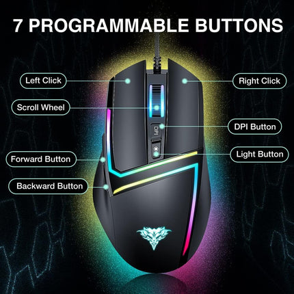 BENGOO Wired Gaming Mouse, PC Computer Mice USB Mouse with 6 RGB LED Modes, High-Precision 6 Adjustable DPI Up to 8000, 7 Programmable Buttons, Ergonomic Optical Mouse for Windows PC Mac Laptop Gamer