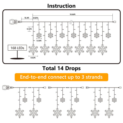 Christmas Snowflake Lights, 10.66ft 168 LED Icicle Lights Outdoor with 14 Drops, 8 Modes Waterproof Connectable Christmas Light for Eaves, Wedding, Garden, Yard, Indoor Outdoor Xmas Decor (White)