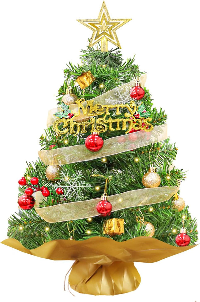 Mini Christmas Tree 2FT Green Artificial Small Christmas Tree with Small Warm Light and Hanging Ornaments Desktop Xmas Tree for Chrismtas DIY s Supplies Office Home Party Decorations