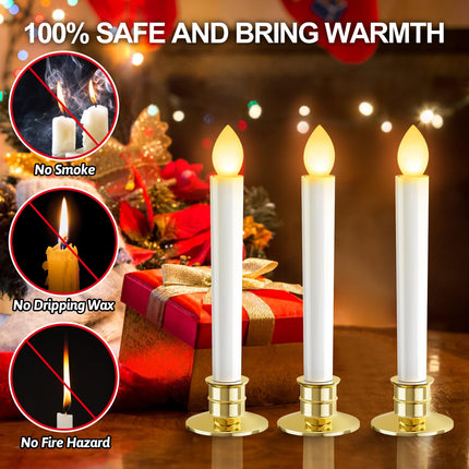 Christmas Window Candles Lights: 10 Pack Flameless Candles Christmas Decorations Taper LED Battery Operated Candles with Remote Control Timer Gold Candle Holders for Window Decor Party Table Top