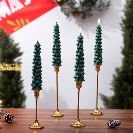 4 Pack Christmas Tree Candles with Remote, 9.65 Inch Real Wax flameless Taper Candles, LED Candles Battery Operated with 3D Flickering Flame, Green Candlesticks Christmas Decor