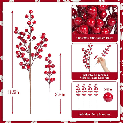 HOHOTIME Christmas Holly Berry Stem Ornaments, 8 Large Branches/32 Small Branches Artificial Berry Stem, Removable Artificial Glitter Berry Stem Ornaments, Home Decorative for Christmas Tree Wreath