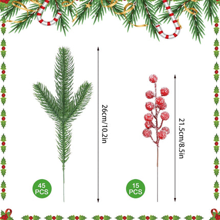 45 Pcs Artificial Pine Branches and 15 Fake Frosted Red Berry Stems, Christmas Picks and Sprays, Christmas Greenery Christmas Pine Needles for DIY Wreath Xmas Flower Arrangements Decoration