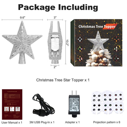 Christmas Tree Toppers Lighted with 6 Projection Modes, Christmas Star Tree Topper with Built-in LED Rotating Lights, Silver 3D Glitter Projection for Xmas Party Holiday Decorations