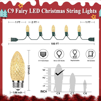 C9 LED Christmas Lights Outdoor, 100 Feet 50 LED C9 String Lights, Waterproof Connectable Christmas Tree Lights for Outside Roofline Patio Home Xmas Party Decor, Warm White