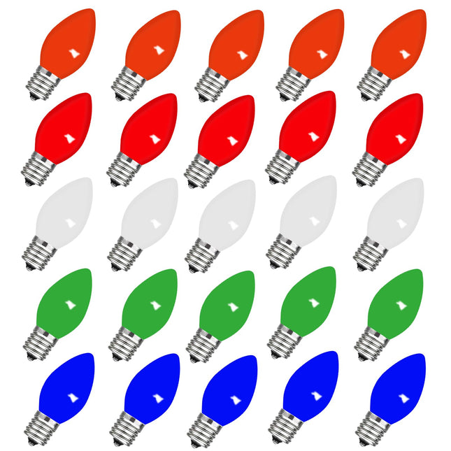 25 Pack C9 Replacement Christmas Light Bulbs, 0.6 Watt C9 Multicolor Ceramic LED Light Bulbs for Christmas Indoor Outdoor Patio Halloween Party String Lights, C9/E17 Candelabra Base