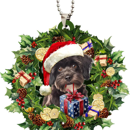 Talataca Schnoodle 2D Flat Christmas Ornament, Schnauzer Poodle Mix Wearing A Christmas Hat Wreath Pine Tree Decor, Hanging House Charm Eve Keepsake, Car Rear View Mirror Accessories, Xmas