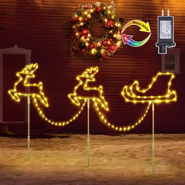 Quntis Christmas Pathway Lights Plug-in, Set of 3 Reindeer and Sleigh Christmas Walkway Decoration, 8 Twinkle Modes, Auto Timer and Memory, IP65 Outdoor Waterproof, Multicolor & Warm White Design
