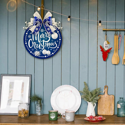 Qunclay Blue Christmas Decorations Round Snow Wooden Hanging Sign Christmas Wreath for Front Door Blue and Silver Wreath Sign with Bow Winter Christmas Wreath Sign for Door Wall Window Home Decor