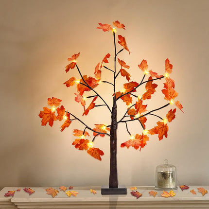 2FT 25LED Artificial Lighted Maple Tree,Timer Function Prelit Fall Decor Maple Tree with Warm White Light Lamp Battery Operated and USB for Indoor Outdoor Harvest Halloween Thanksgiving Day