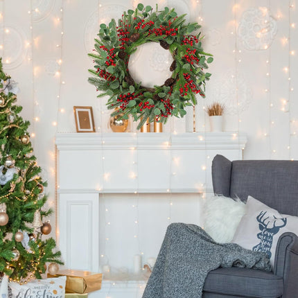 Dremisland 24 Inch Artificial Christmas Wreath for Front Door Xmas Red Berry Wreath with Pine Needles Cones Winter Eucalyptus Wreath Christmas Decorations for Wall Window Home Holiday Xmas Decor