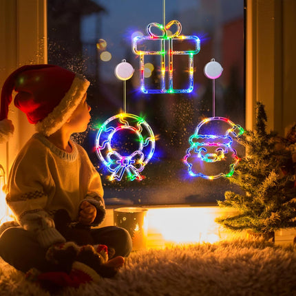 LOLStar Christmas Decorations 3 Pack Wreath, Box, Santa Claus Christmas Window Lights with Suction Cups, Battery Operated Christmas Lights, Slow Fade Mode and Timer Function