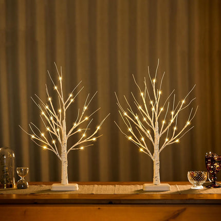 Lighted Birch Tree, 2pcs 24in Christmas Tabletop Tree, USB Rechargeable Base with Timer Function, Pre-Lit Artificial Mini Money Birch Tree for Home Centerpiece Fireplace Party Decor