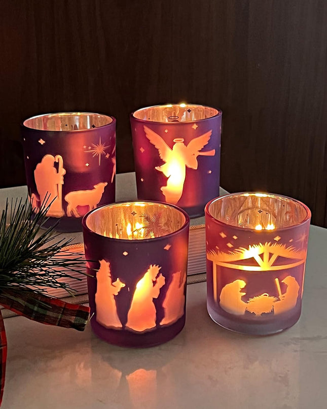 Advent Candle Holder Set of 4, Christmas Votive Candle Holders, Glass Tealight Holders for Xmas Table Centerpieces Nativity Decorations, Purple & Pink