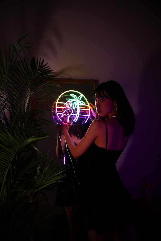 Flamingo Neon Sign Neon Palm Tree Neon Sign (33x28cm) Vaporwave Neon Light Flamingo Sign for Wall Decor Tropical Tiki Bar Decor Bedroom Decor Led Light Flamingo christmas decorations pink decorations for bedroom Tropical Decor (33x28cm)