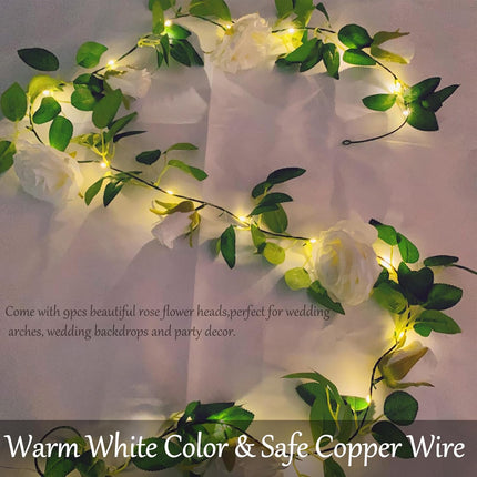 Fielegen Artificial Flower Garland with 20 LED String Lights, 6.56FT Hanging Rose Flower Vine Garland Decoration Lights for Garden Wedding Flower Table Decor Birthday Party Christmas DIY Wreath Decor